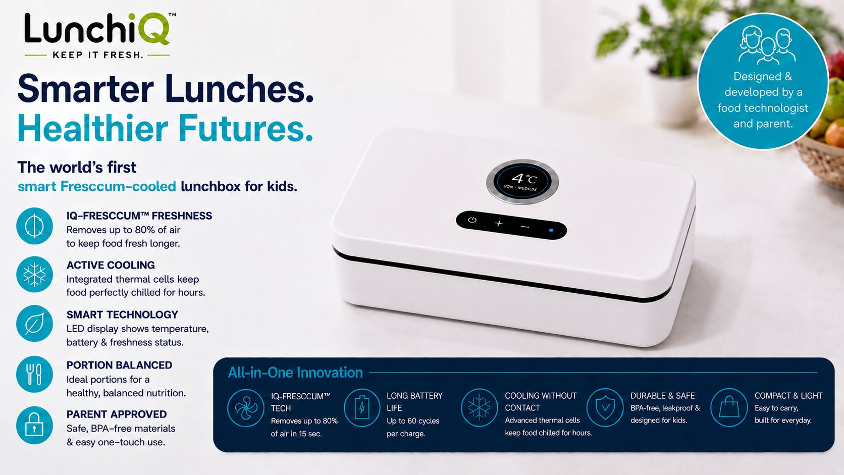 How LunchiQ's integrated oxygen-extraction and built-in cooling smart lunch box works — step by step
